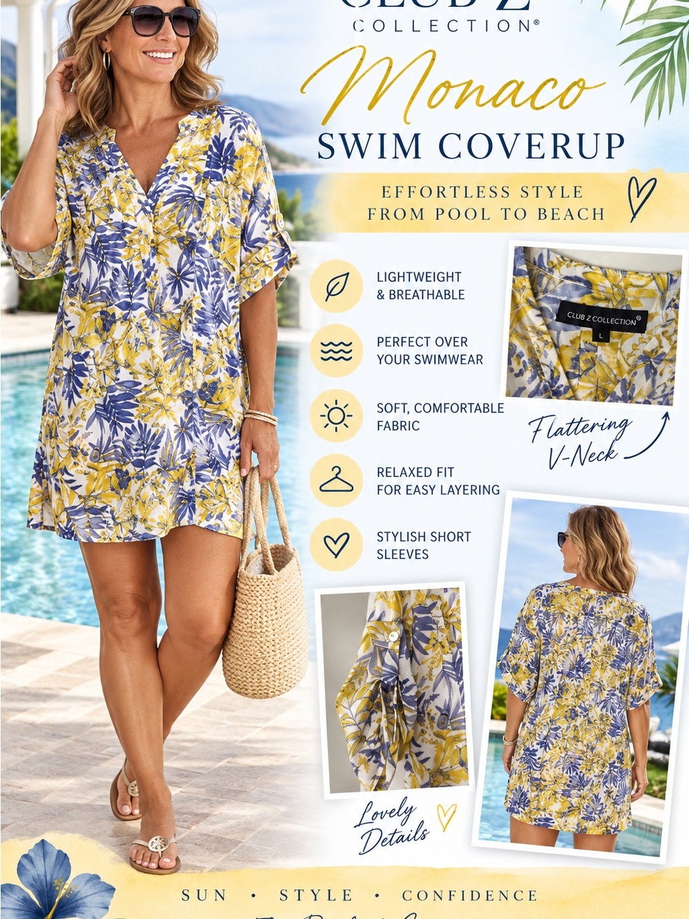 Club Z Monaco Yellow Blue Floral Swim Cover Up Tunic Size L